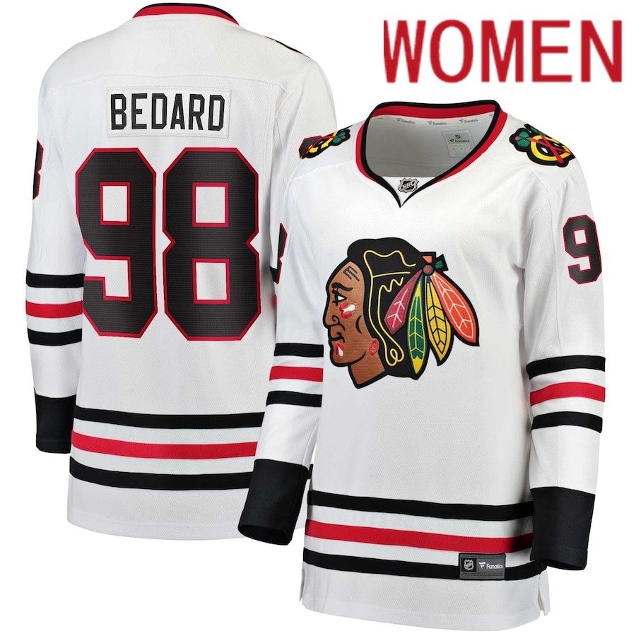 Women Chicago Blackhawks #98 Connor Bedard Fanatics Branded White Away Premier Breakaway Player NHL Jersey->women nhl jersey->Women Jersey
